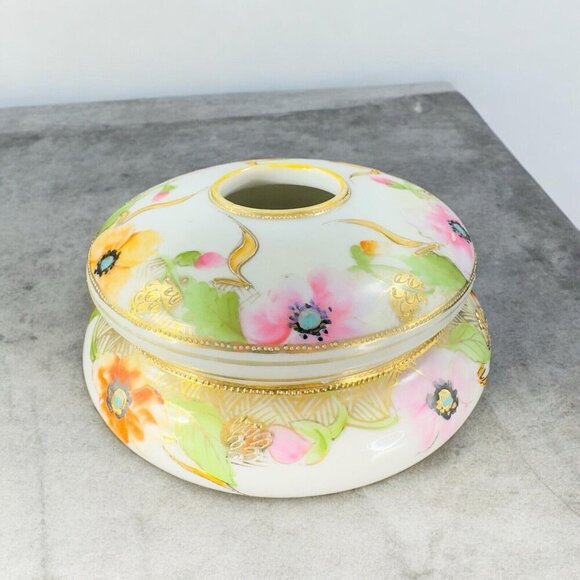 Antique Nippon Hand Painted Dresser Jar Container Hair Holder Textured Canister - Picture 1 of 16